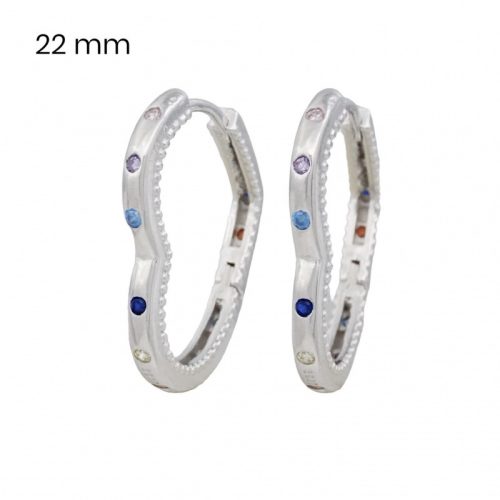 Silver heart-shaped hoop earrings with colored stones