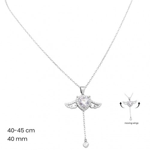 Silver pendant necklace with heart and moving wings