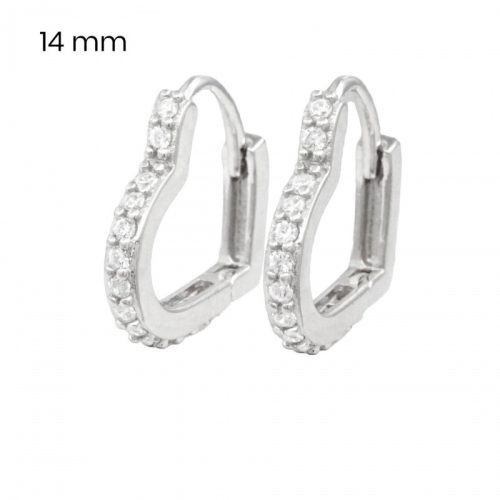 Silver heart-shaped hoop earrings with sparkling stones
