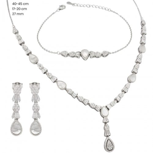 3-piece silver jewelry set: necklace, bracelet, earrings