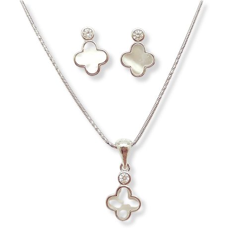 Silver set with mother-of-pearl clover pendant and earrings
