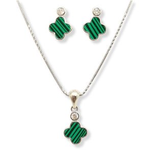 Silver set with green clover pendant and earrings