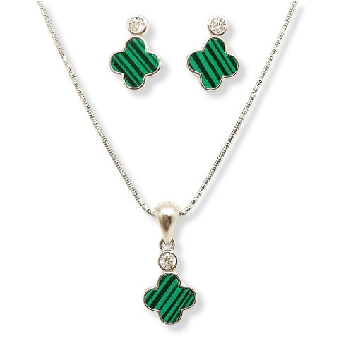 Silver set with green clover pendant and earrings