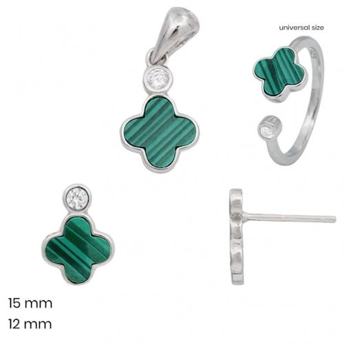 Green silver 3-piece jewelry set with pendant, earrings, and ring featuring a four-leaf clover