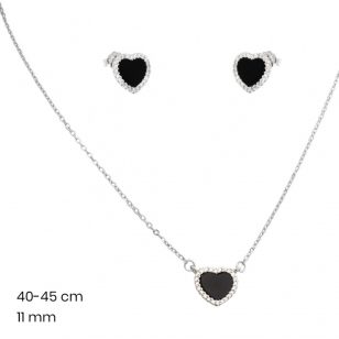   Silver jewelry set with necklace and earrings featuring a black heart