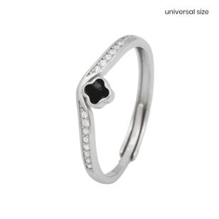 Silver adjustable ring with black four-leaf clover