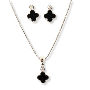 Silver set with black clover pendant and earrings