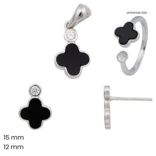   Black and silver 3-piece jewelry set: pendant, earrings, and ring with a four-leaf clover