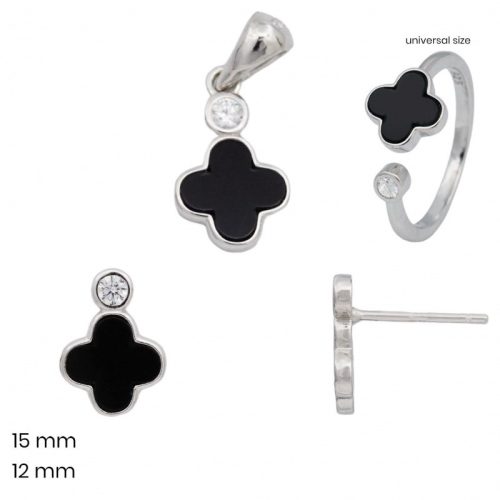 Black and silver 3-piece jewelry set: pendant, earrings, and ring with a four-leaf clover
