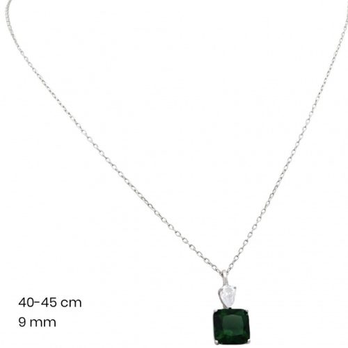 Silver necklace with square-cut green stone