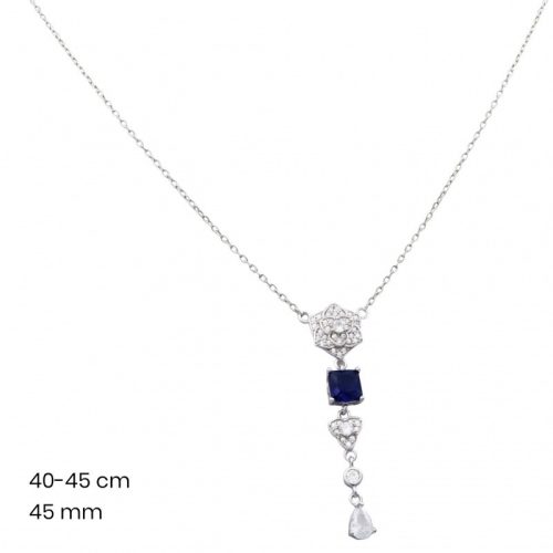 Silver necklace with dangling blue stone