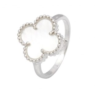 Silver pearl ring with four-leaf clover
