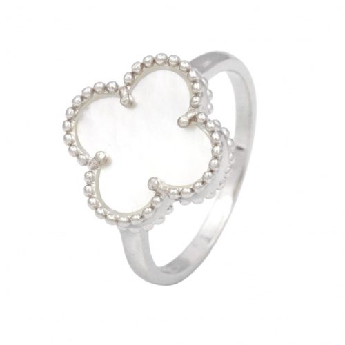 Silver pearl ring with four-leaf clover