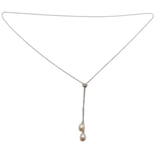 Silver adjustable necklace with dangling pearls