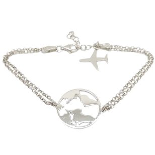 Silver bracelet with globe and airplane charms