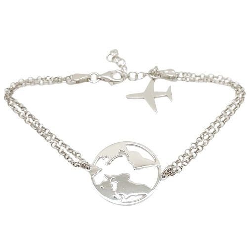 Silver bracelet with globe and airplane charms