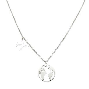 Silver chain with globe and airplane charm