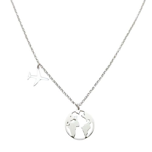 Silver chain with globe and airplane charm