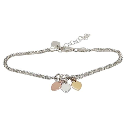 Silver bracelet with tricolor hearts