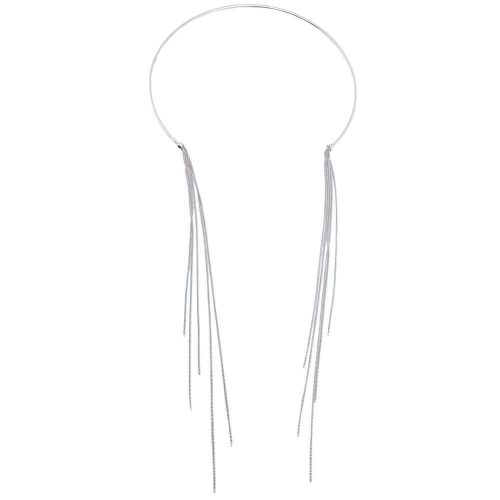 Silver rigid open Choker necklace with dangling strands