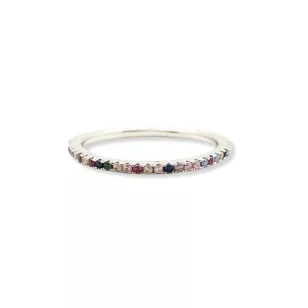 Thin stackable silver ring with colored stones