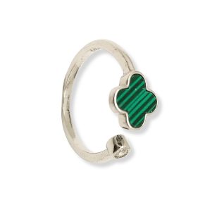 Green clover open silver ring