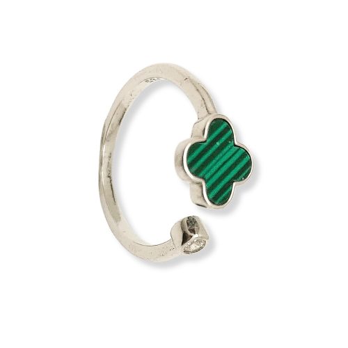 Green clover open silver ring