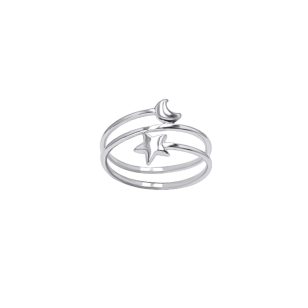 Silver spiral ring with star and moon 