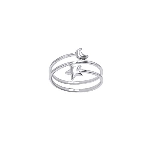Silver spiral ring with star and moon 