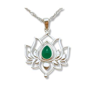 Silver Lotus Pendant with Green Stone