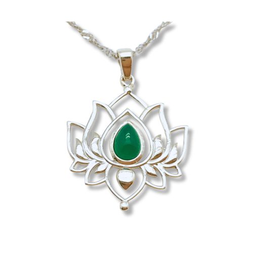 Silver Lotus Pendant with Green Stone