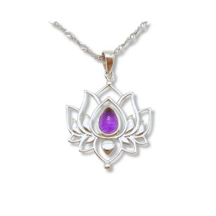 Silver lotus pendant with purple amethyst stone