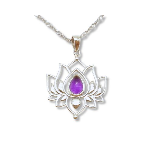 Silver lotus pendant with purple amethyst stone
