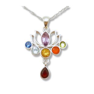 Silver lotus pendant with colored stones