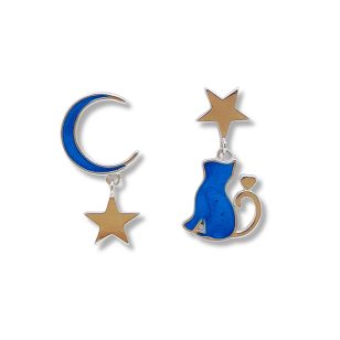 Blue kitten moon and star mismatched silver earrings