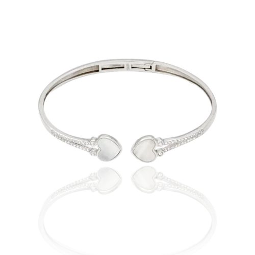Silver open bangle with mother-of-pearl heart