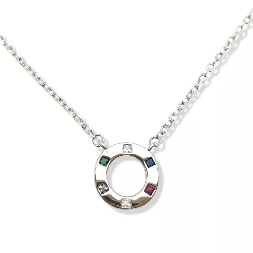 Silver necklace with loop pendant and colorful zirconia stones