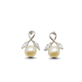 Freshwater pearl silver earrings with zirconia leaves
