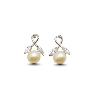 Freshwater pearl silver earrings with zirconia leaves