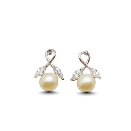 Freshwater pearl silver earrings with zirconia leaves