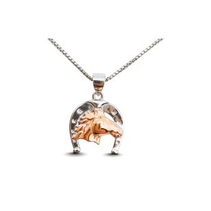 Silver horseshoe pendant with rose gold horse