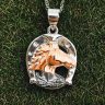 Silver horseshoe pendant with rose gold horse