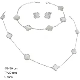   Mother-of-pearl silver jewelry set: necklace, bracelet, earrings, four-leaf clover