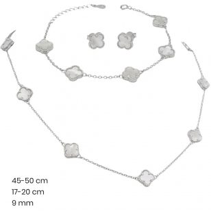   Mother-of-pearl silver jewelry set: necklace, bracelet, earrings, four-leaf clover