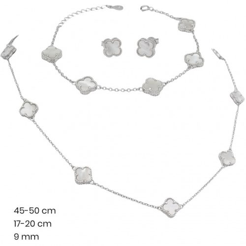 Mother-of-pearl silver jewelry set: necklace, bracelet, earrings, four-leaf clover