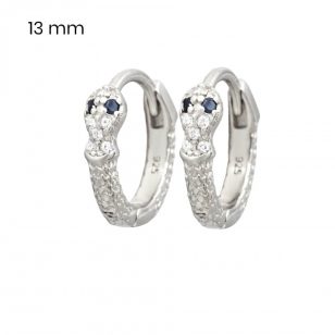 Small silver snake hoop earrings with blue eyes