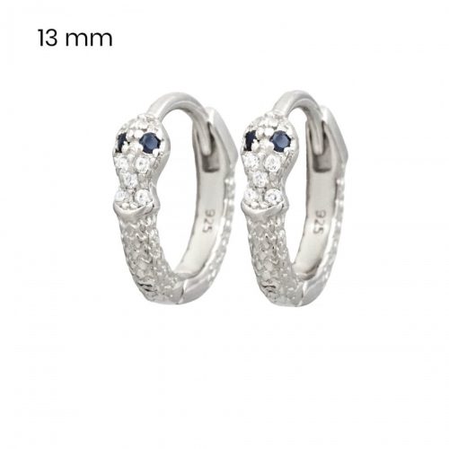 Small silver snake hoop earrings with blue eyes