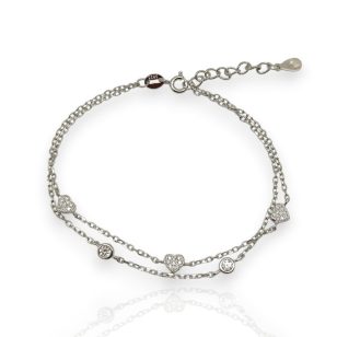 Double silver bracelet with stones and a heart