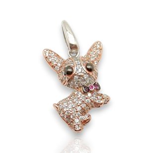   Chihuahua silver pendant with pink, white, and black cubic zirconia