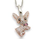 Chihuahua silver pendant with pink, white, and black cubic zirconia